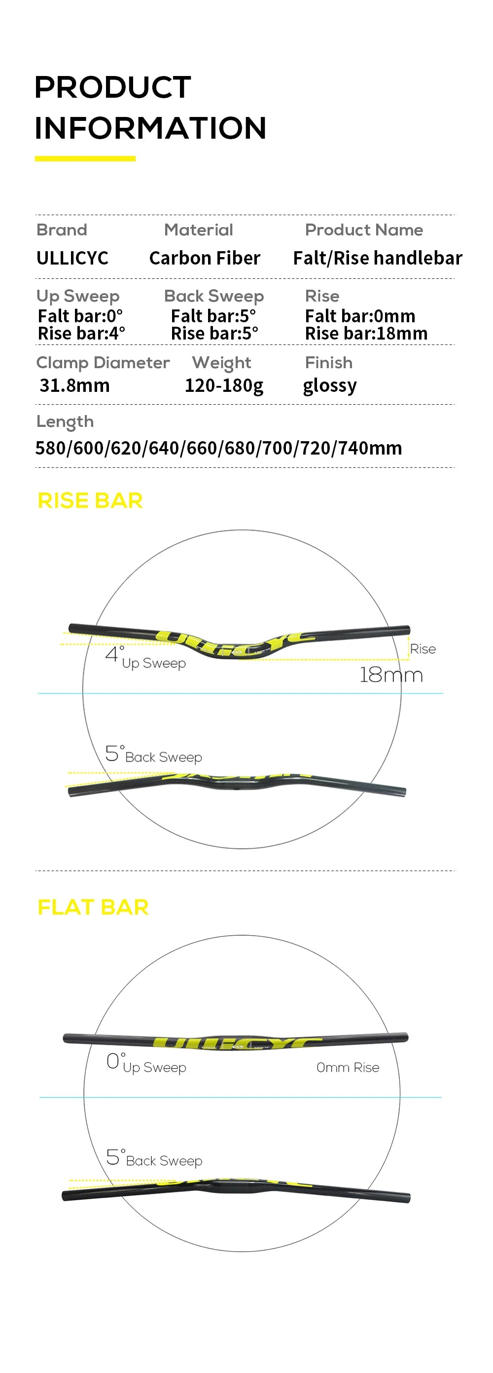 ULLICYC 3K Carbon MTB Lenker – 31.8mm | 580–740mm | Flat & Rise | Fluorescent Yellow | Trail & Enduro
