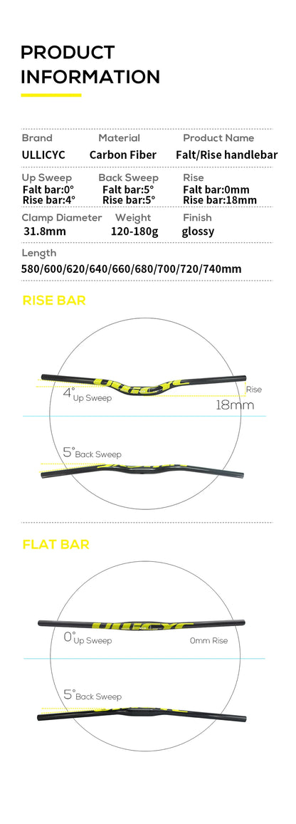 ULLICYC 3K Carbon MTB Lenker – 31.8mm | 580–740mm | Flat & Rise | Fluorescent Yellow | Trail & Enduro
