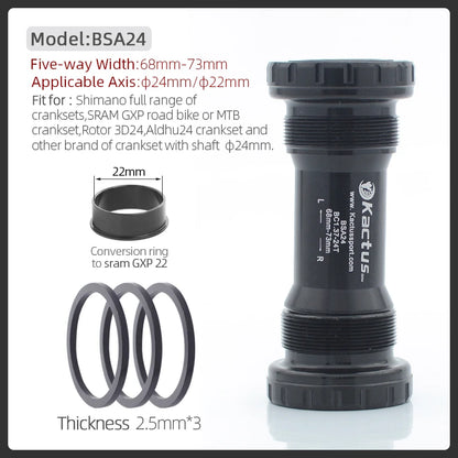 KACTUS Bicycle Bottom Bracket BSA Thread Kit Road MTB Bike Frame 68/73 for Axis 24/22 and 29/30mm for Shimano/SRAM GXP Crankset