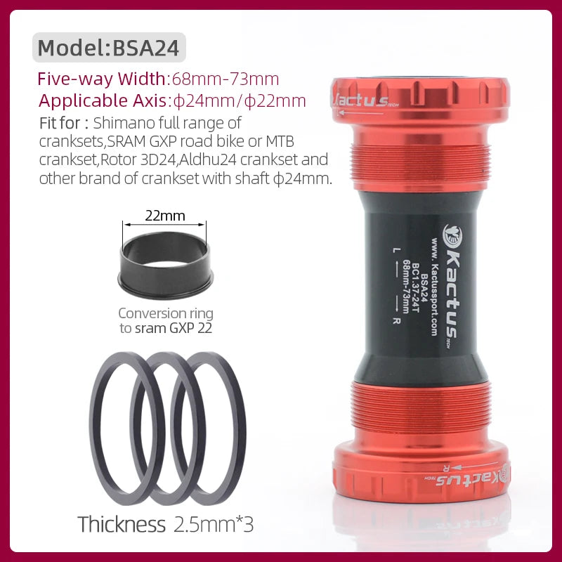 KACTUS Bicycle Bottom Bracket BSA Thread Kit Road MTB Bike Frame 68/73 for Axis 24/22 and 29/30mm for Shimano/SRAM GXP Crankset