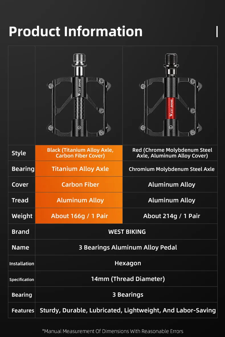 WEST BIKING Carbon Fiber Pedal Road Bicycle Pedal 3 Bearing Titanium Alloy Axle Pedal MTB Bicycle Pedal Bicycle Accessories