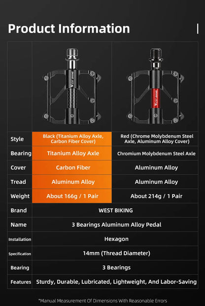 WEST BIKING Carbon Fiber Pedal Road Bicycle Pedal 3 Bearing Titanium Alloy Axle Pedal MTB Bicycle Pedal Bicycle Accessories